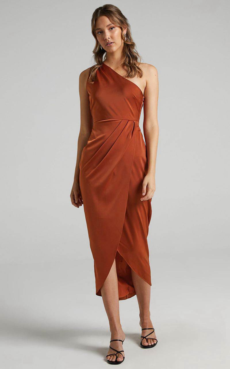 Showpo Felt So Happy Midi Dress - One Shoulder Drape Dress Copper | QJTWMK503