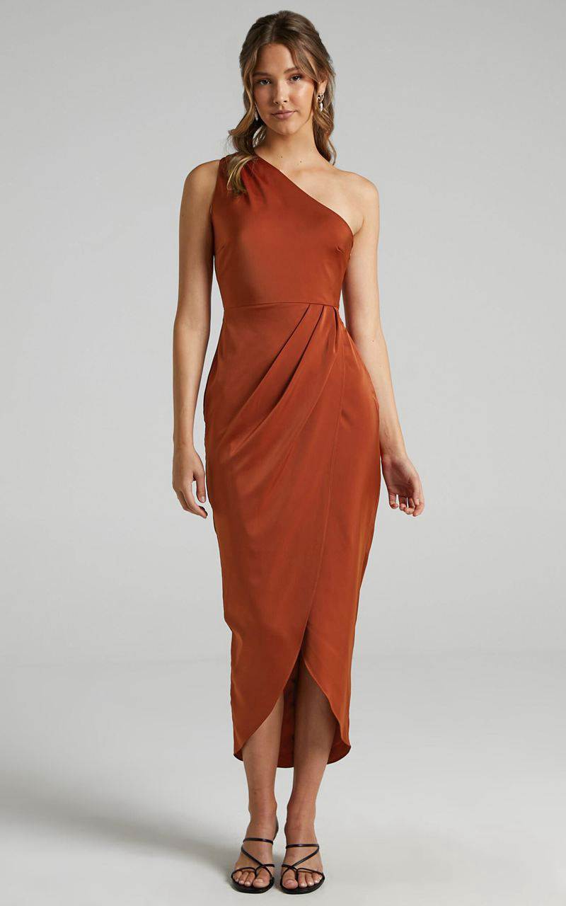 Showpo Felt So Happy Midi Dress - One Shoulder Drape Dress Copper | QJTWMK503