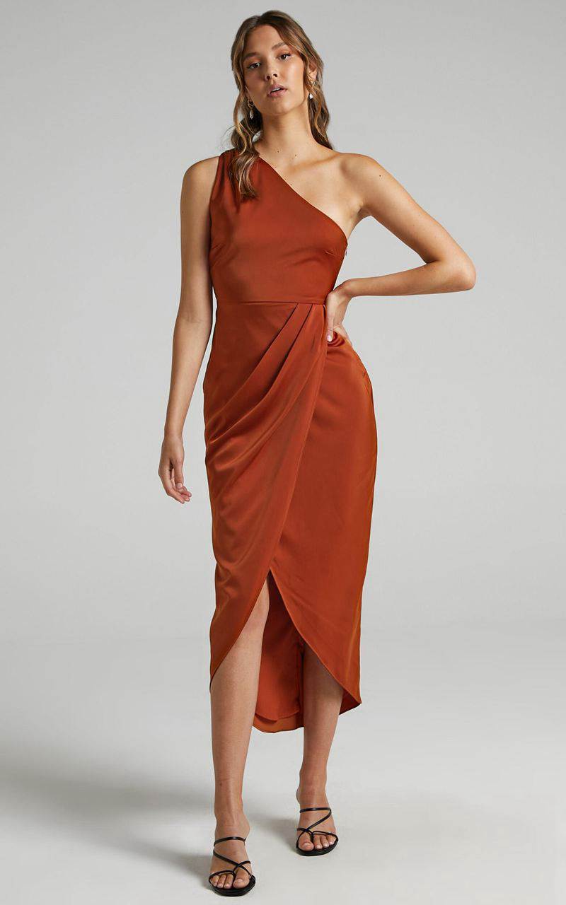 Showpo Felt So Happy Midi Dress - One Shoulder Drape Dress Copper | QJTWMK503