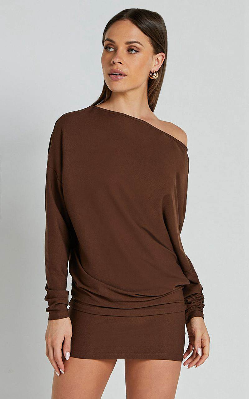 Showpo Fermina Mini Dress - Long Sleeve Bodycon Dress Chocolate | CFXENB819