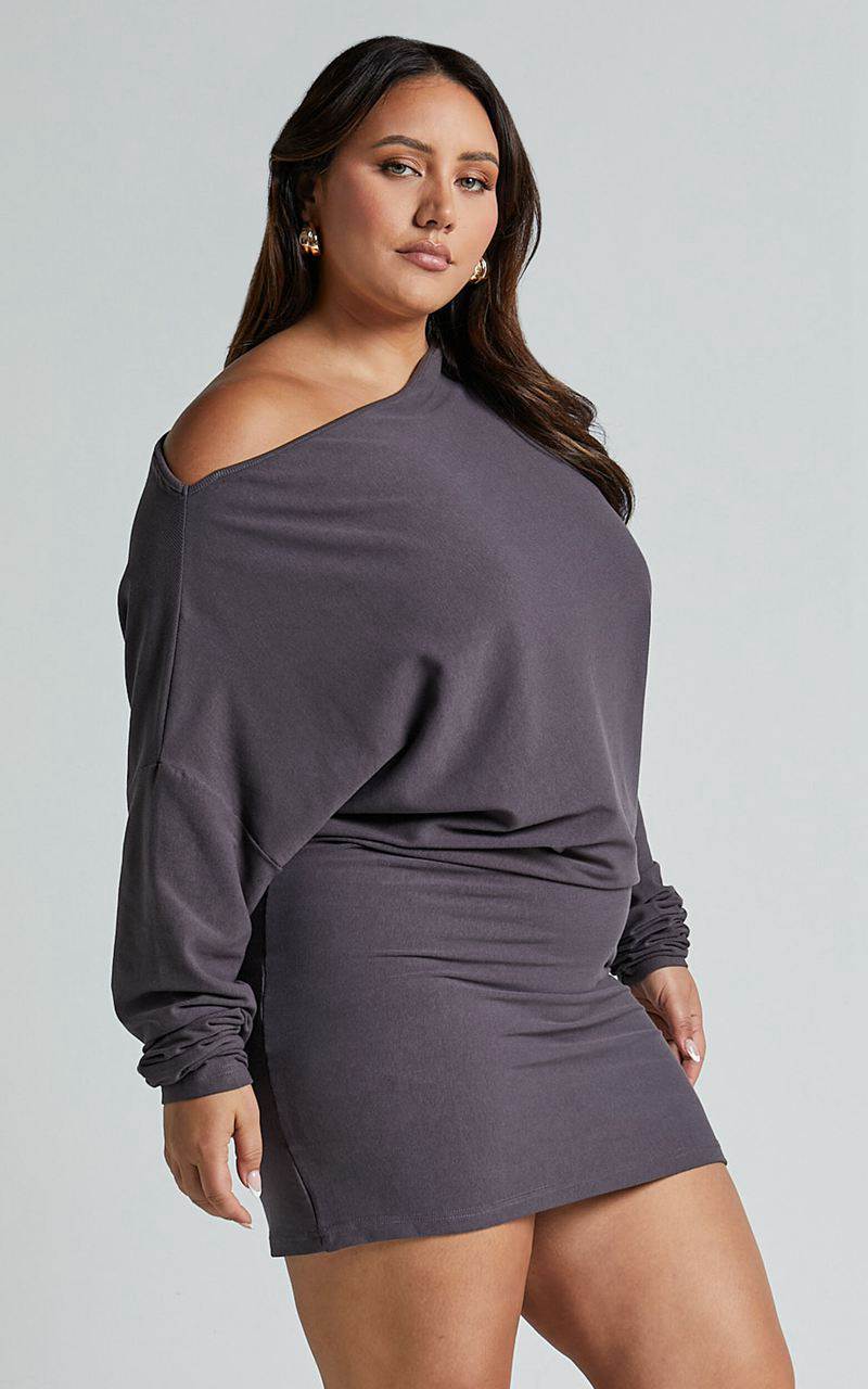 Showpo Fermina Mini Dress - Long Sleeve Bodycon Dress Charcoal Rib | FHLJOW639