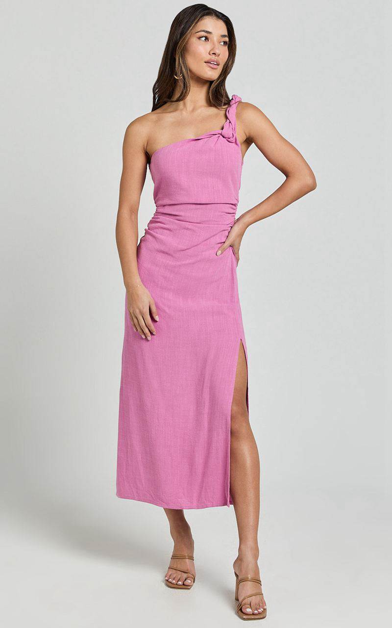 Showpo Finley Midi Dress - Linen Feel One Shoulder Ruched Dress Orchid | PDIARJ947