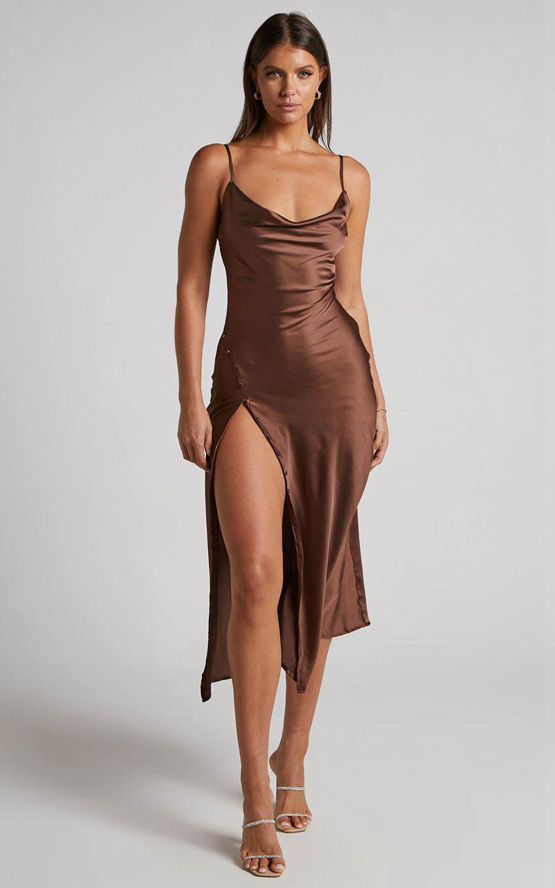 Showpo Flordeliza Midi Dress - Cowl Neck Thigh Slit Slip Dress Chocolate | ETDUBR312