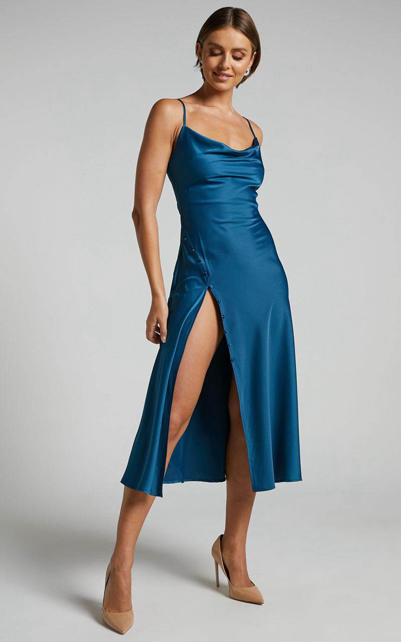 Showpo Flordeliza Midi Dress - Cowl Neck Thigh Slit Slip Dress Steel Blue | CLKVEJ785