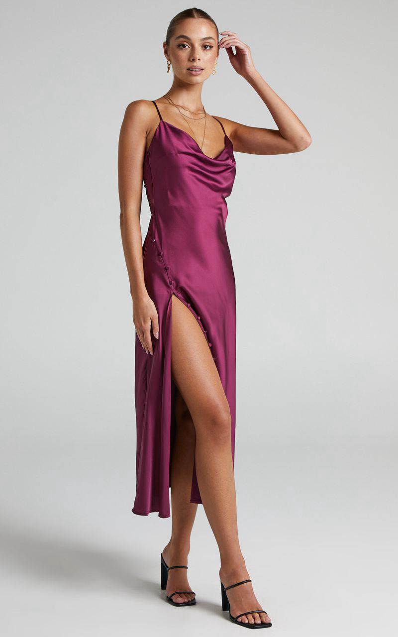 Showpo Flordeliza Midi Dress - Cowl Neck Thigh Slit Slip Dress Magenta | FGWKUM087