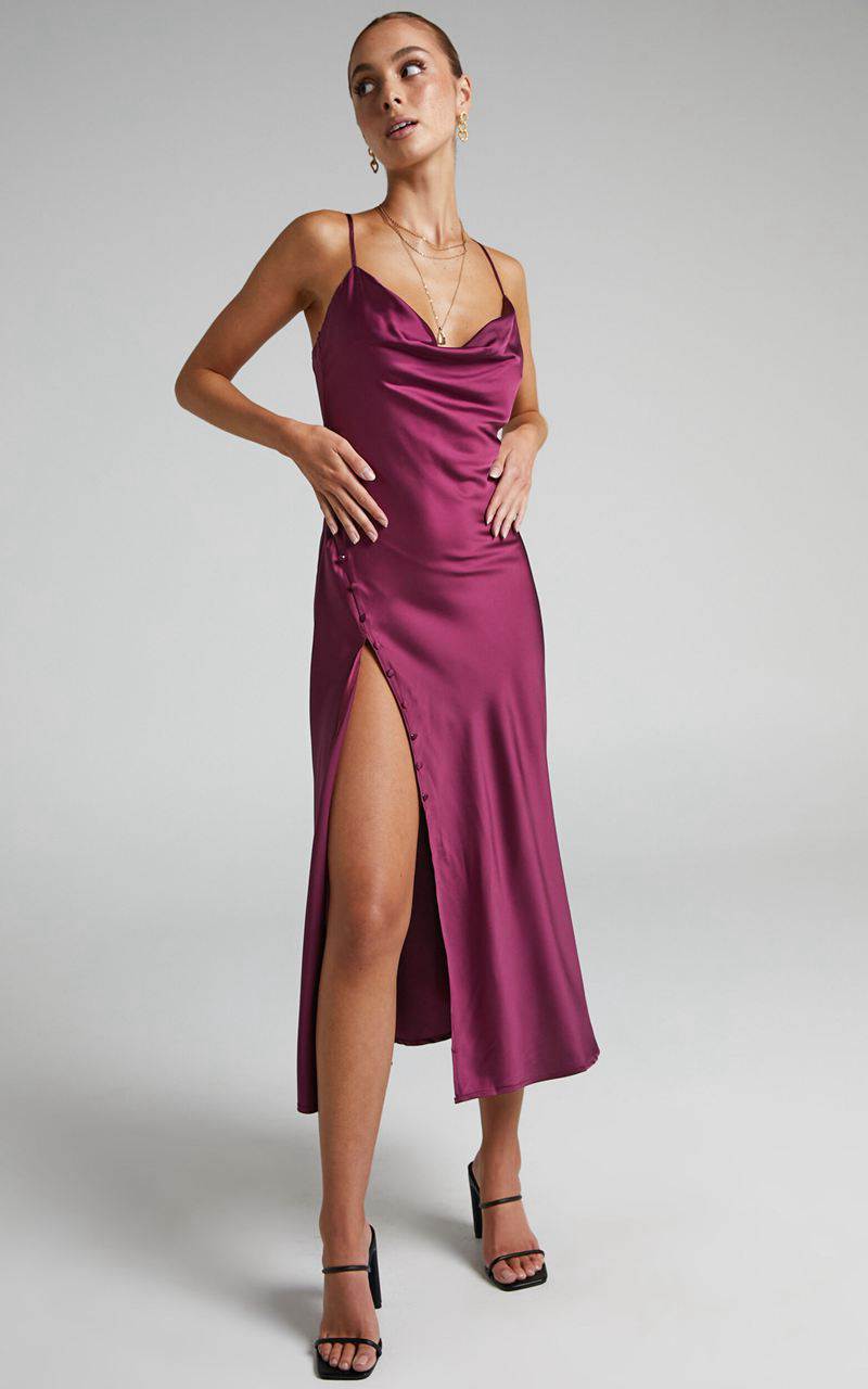 Showpo Flordeliza Midi Dress - Cowl Neck Thigh Slit Slip Dress Magenta | FGWKUM087