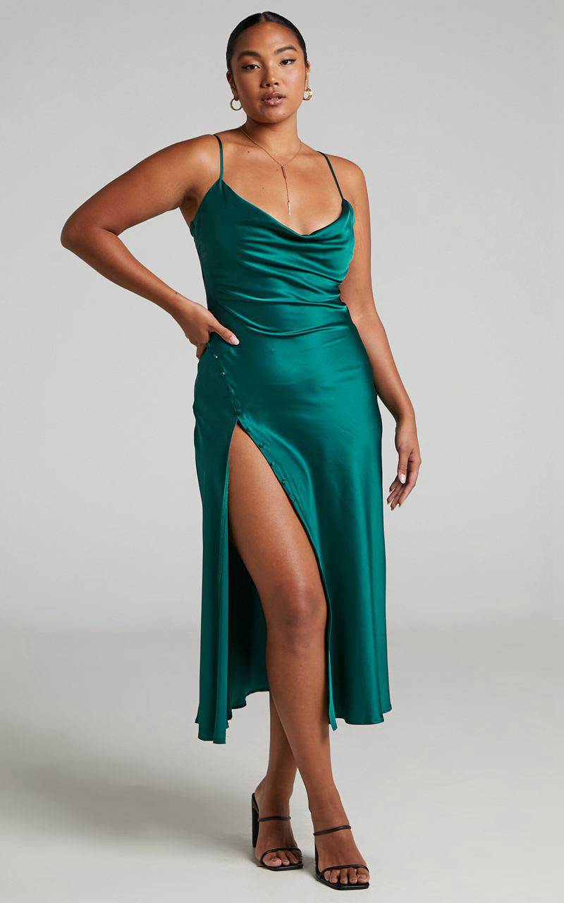 Showpo Flordeliza Midi Dress - Cowl Neck Thigh Slit Slip Dress Emerald | DYHEAM837