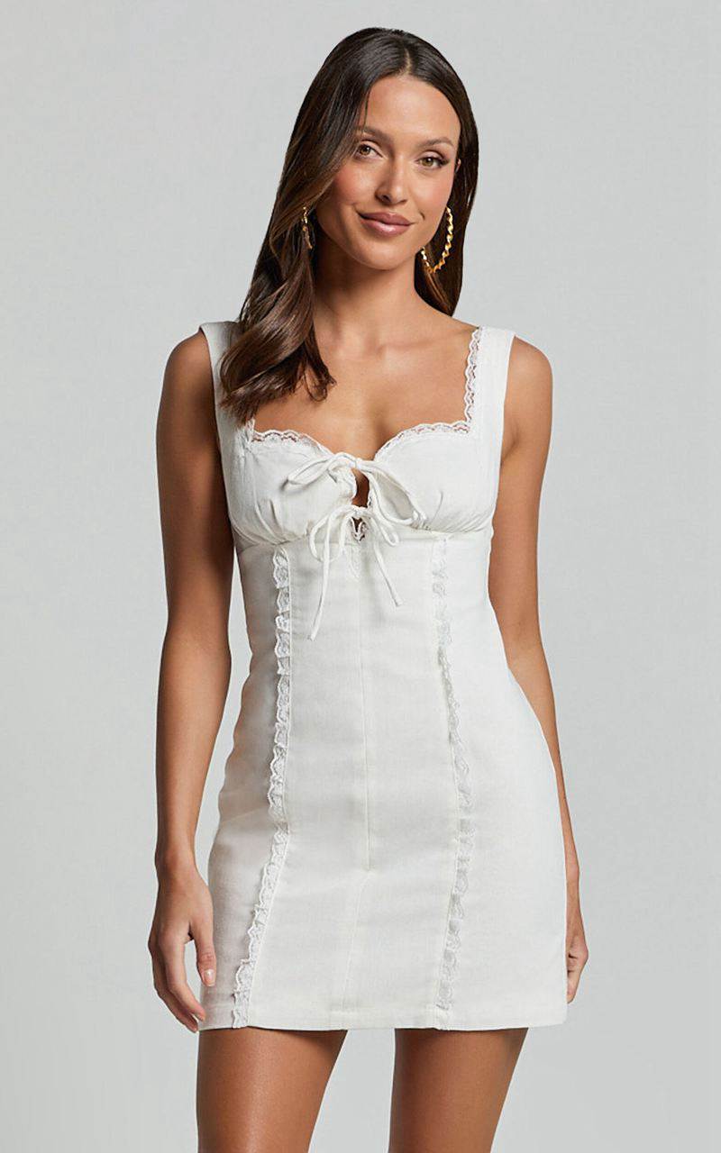 Showpo Flynn Mini Dress - Lace Trim Square Neck Tie Front Dress Ivory | OMNVPF429