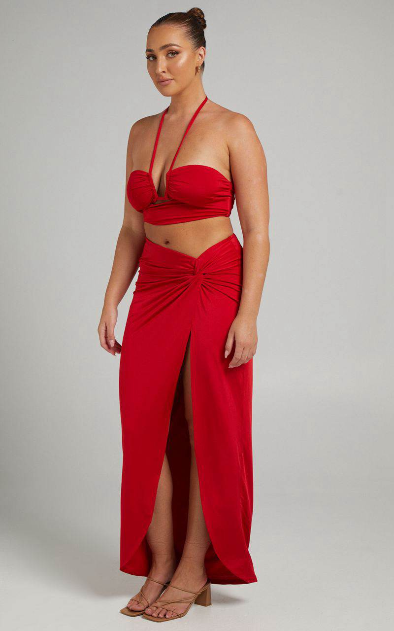 Showpo Forrest Two Piece Set - Halter Neck Top And Twist Midi Skirt Set Red | KOTNQZ487