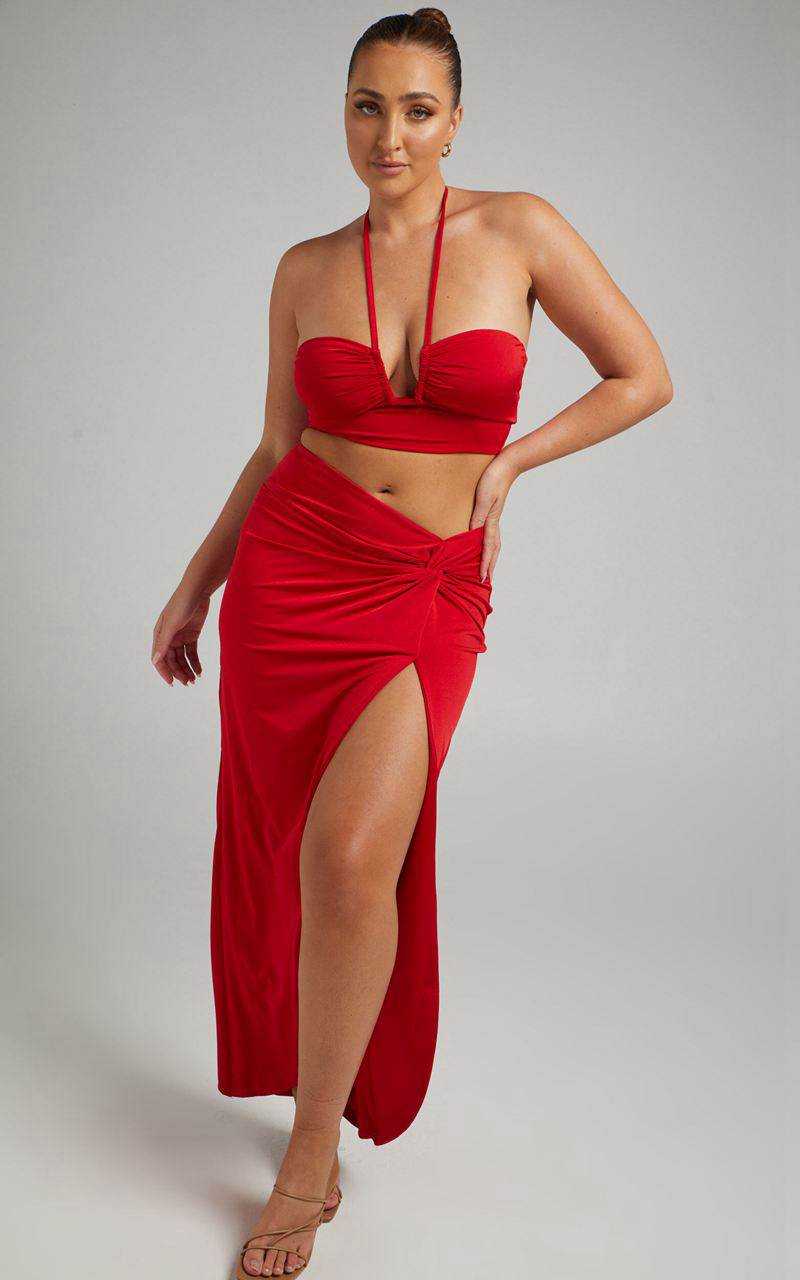 Showpo Forrest Two Piece Set - Halter Neck Top And Twist Midi Skirt Set Red | KOTNQZ487