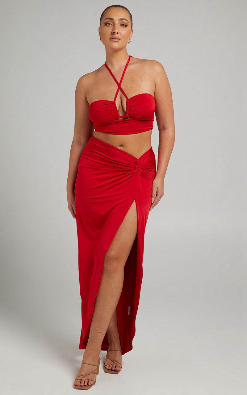 Showpo Forrest Two Piece Set - Halter Neck Top And Twist Midi Skirt Set Red | KOTNQZ487