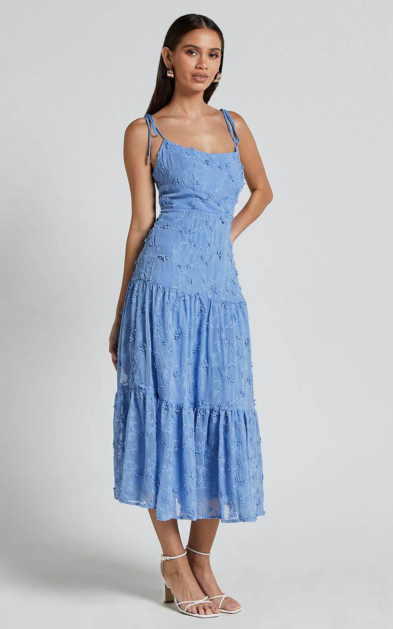 Showpo Francesca Midi Dress - Tie Shoulder Tiered Embroided Dress Cornflower Blue | NGHWAB210