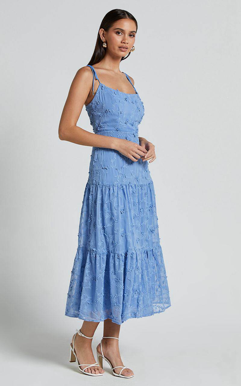 Showpo Francesca Midi Dress - Tie Shoulder Tiered Embroided Dress Cornflower Blue | NGHWAB210