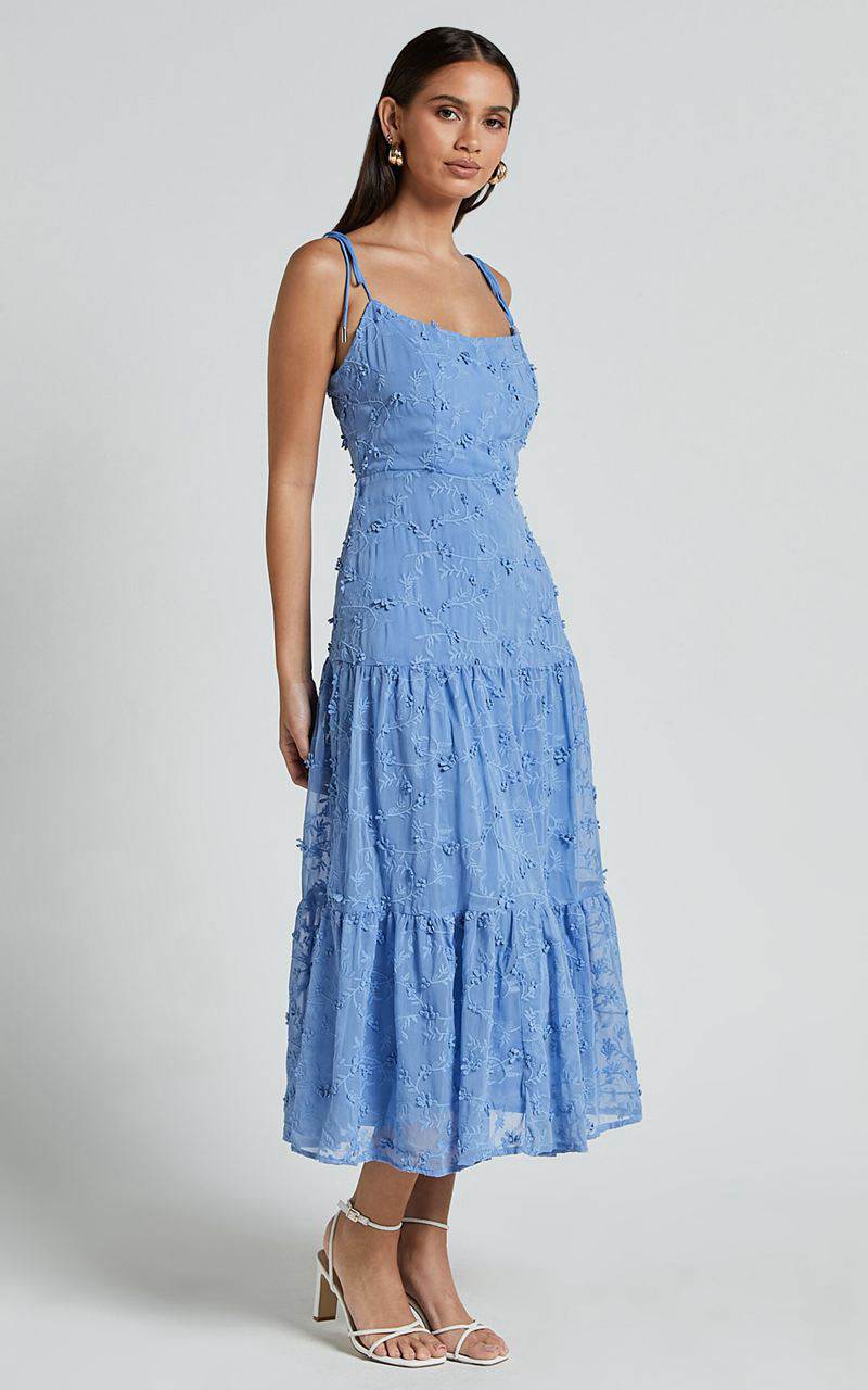 Showpo Francesca Midi Dress - Tie Shoulder Tiered Embroided Dress Cornflower Blue | NGHWAB210