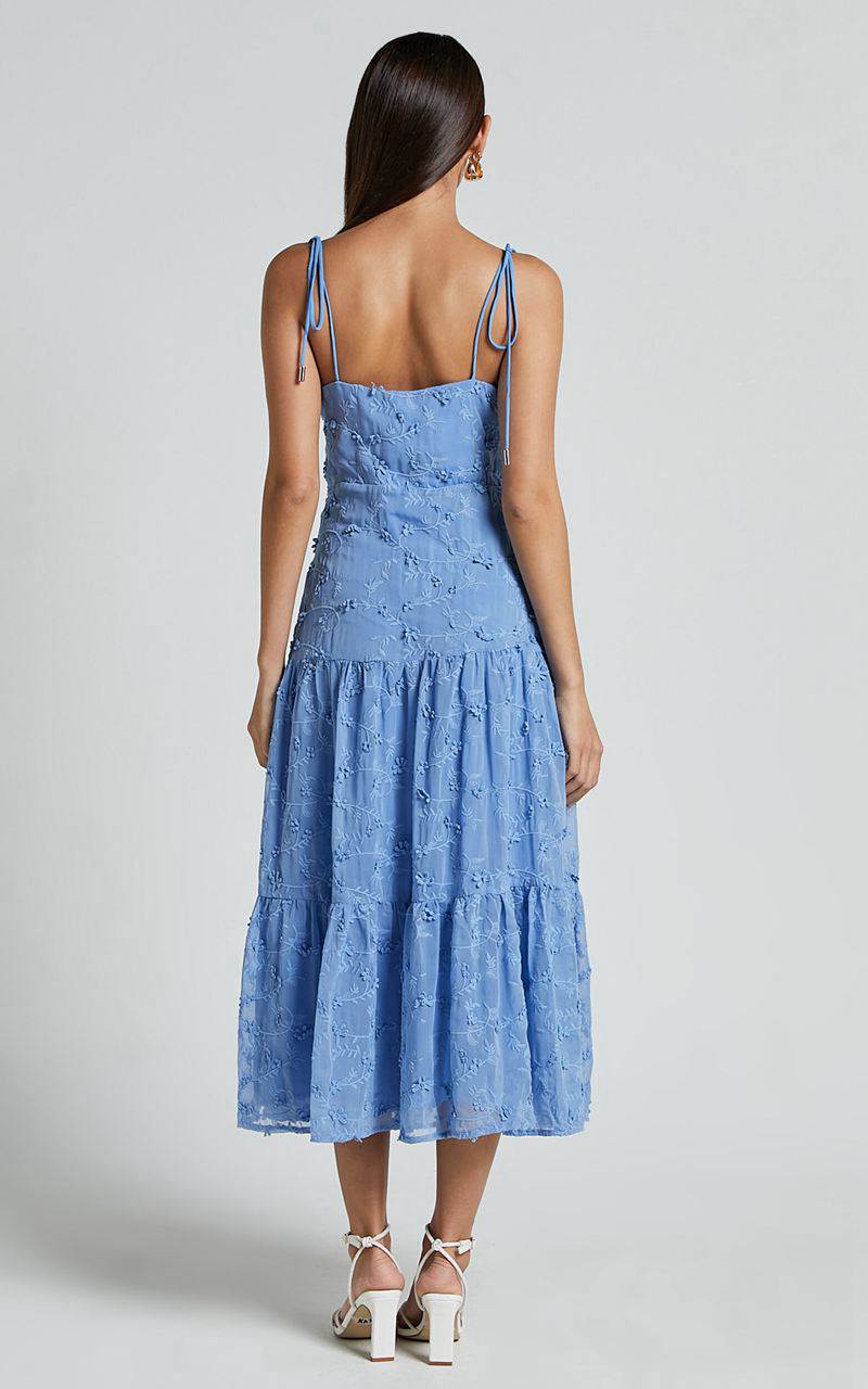 Showpo Francesca Midi Dress - Tie Shoulder Tiered Embroided Dress Cornflower Blue | NGHWAB210