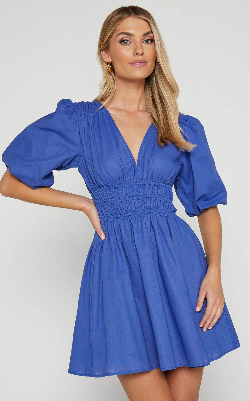 Showpo Francesca V Neck Puff Sleeves Mini Dress Cornflower Blue | MZUXLB640