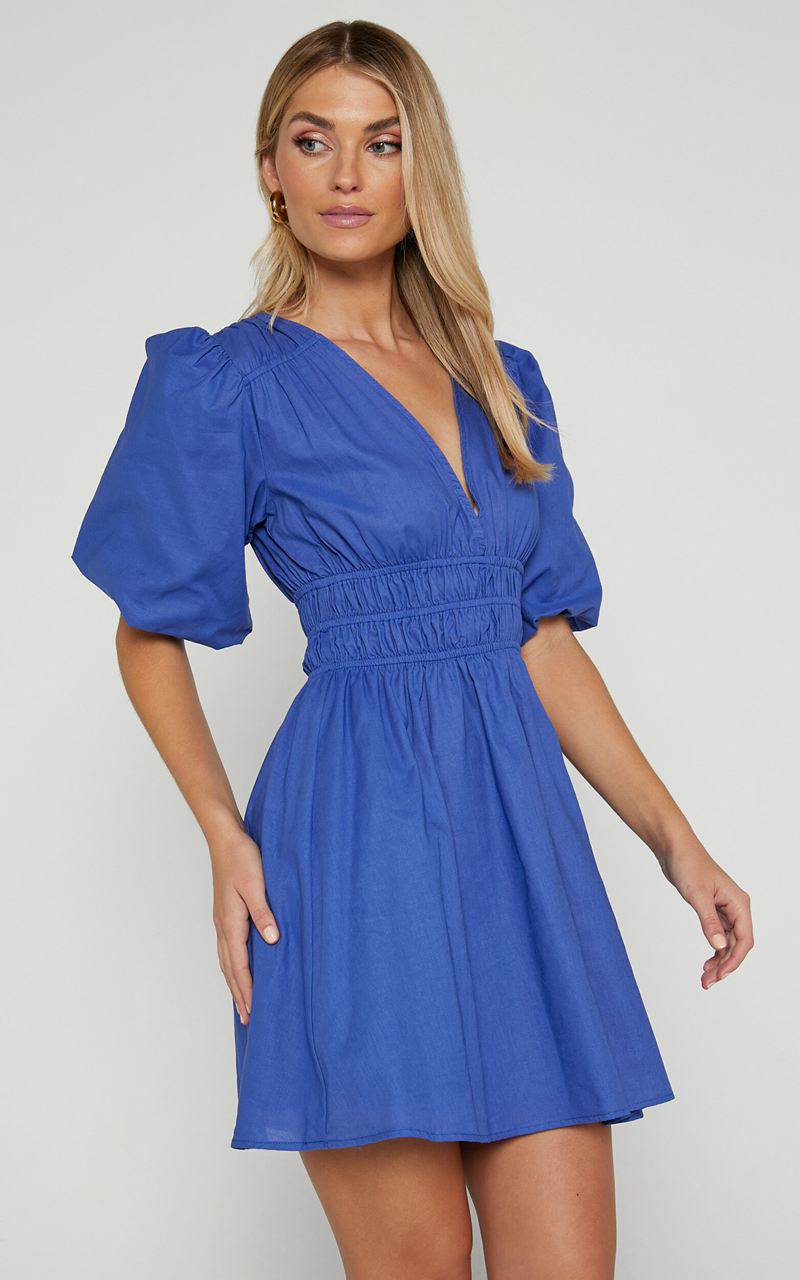 Showpo Francesca V Neck Puff Sleeves Mini Dress Cornflower Blue | MZUXLB640