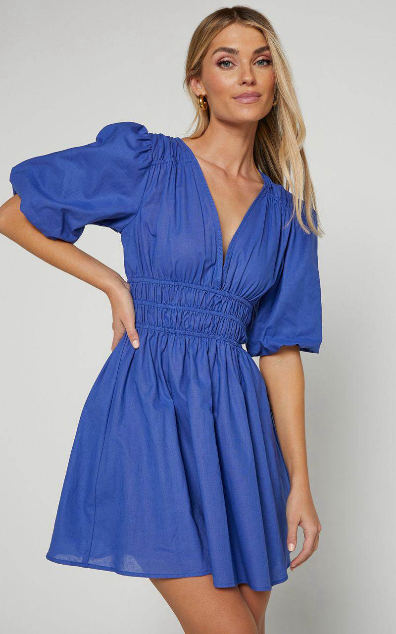 Showpo Francesca V Neck Puff Sleeves Mini Dress Cornflower Blue | MZUXLB640