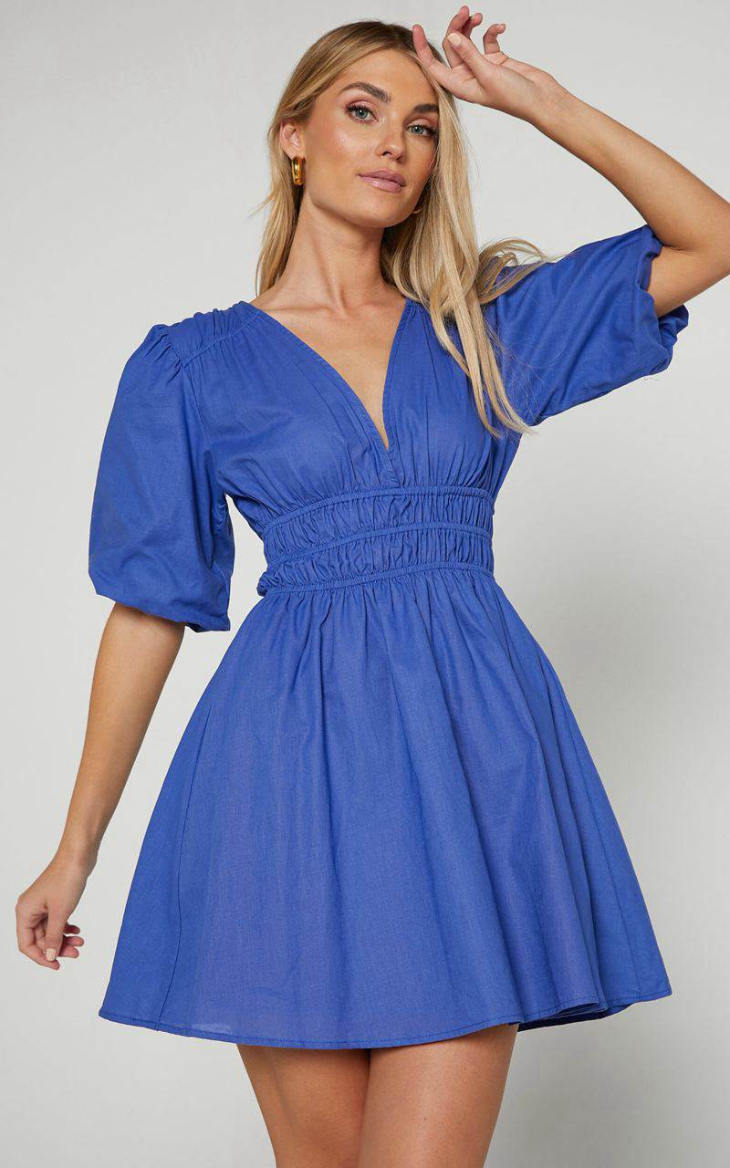 Showpo Francesca V Neck Puff Sleeves Mini Dress Cornflower Blue | MZUXLB640