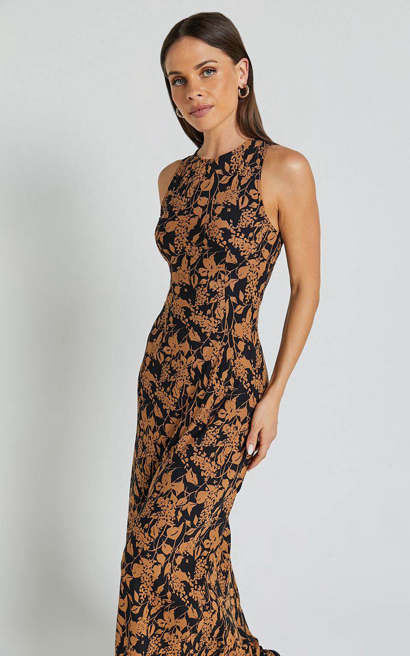 Showpo Francis Midi Dress - High Neck Slip Dress Brown Floral | RISFVW768