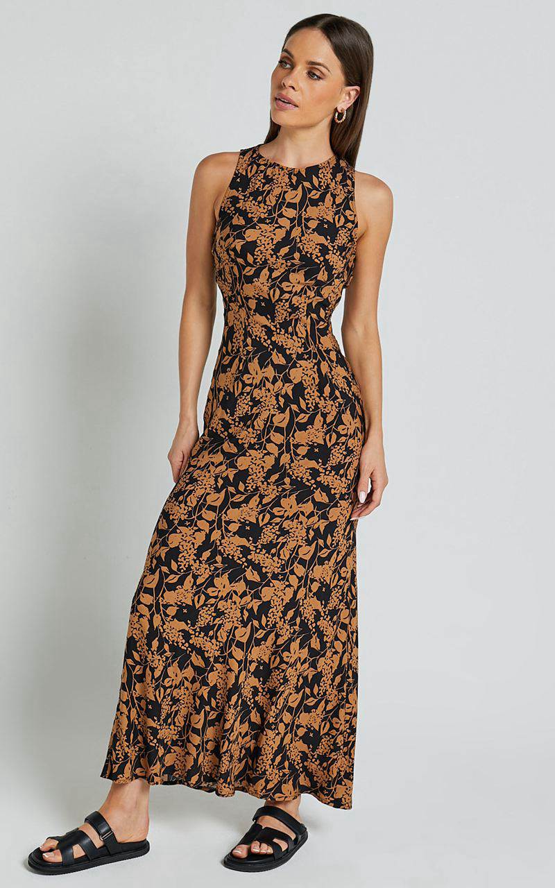 Showpo Francis Midi Dress - High Neck Slip Dress Brown Floral | RISFVW768