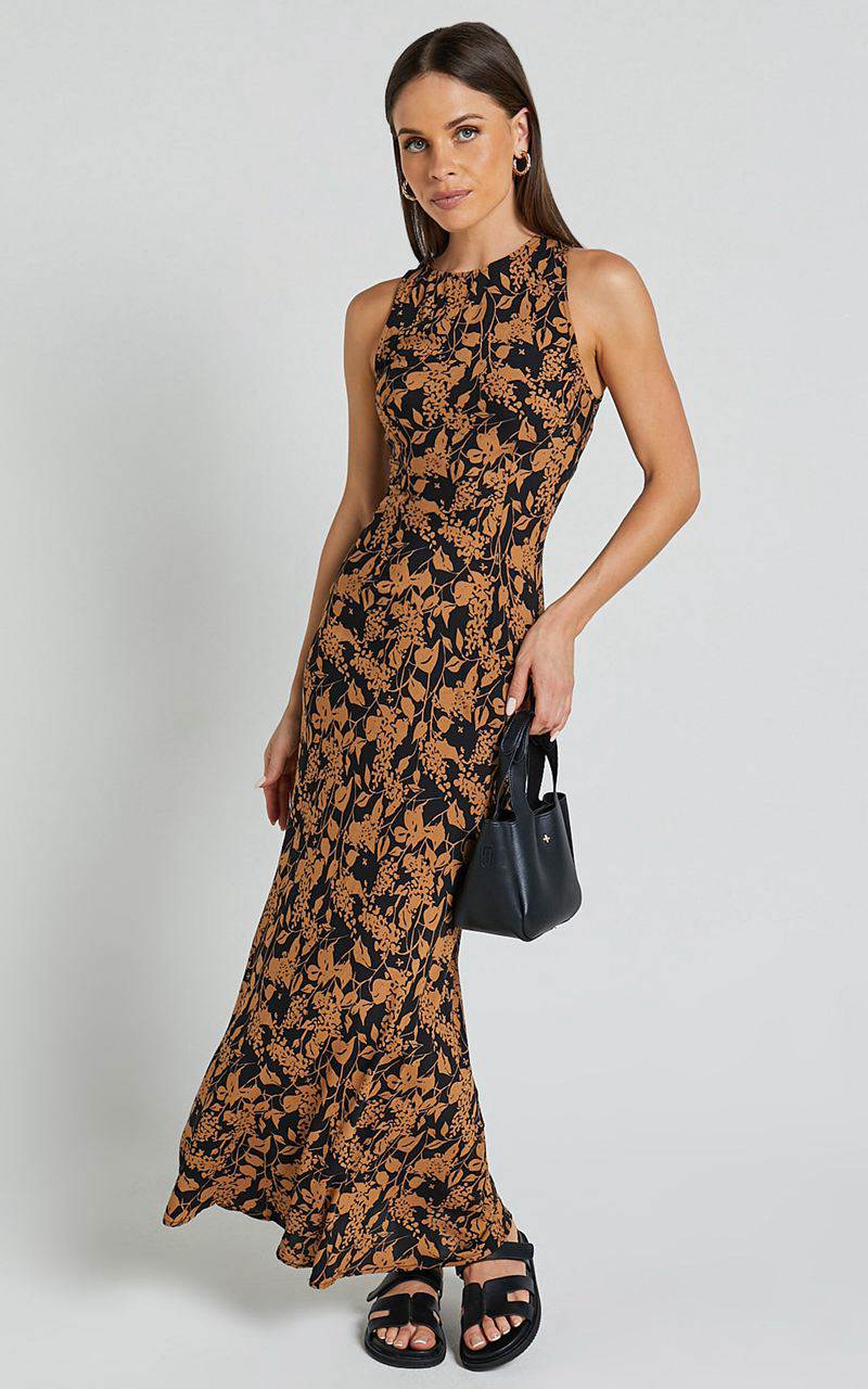 Showpo Francis Midi Dress - High Neck Slip Dress Brown Floral | RISFVW768