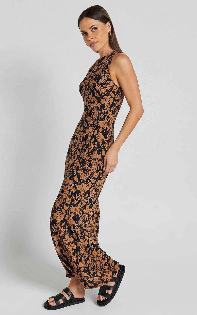 Showpo Francis Midi Dress - High Neck Slip Dress Brown Floral | RISFVW768