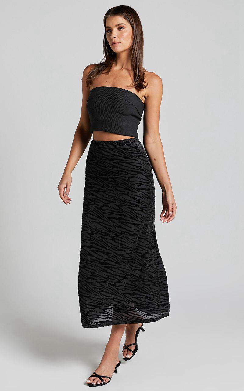 Showpo Frankie Midi Skirt - Burn Out Velvet High Waisted Slip Skirt Black | LQCRTZ197