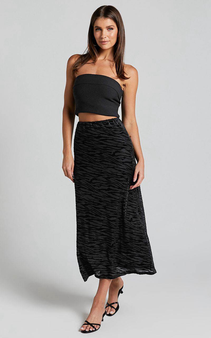 Showpo Frankie Midi Skirt - Burn Out Velvet High Waisted Slip Skirt Black | LQCRTZ197