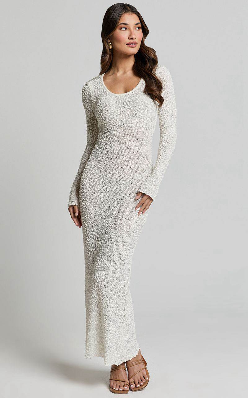 Showpo Freya Midi Dress - Scoop Neck Long Sleeve Boucle Knit Dress Off White | BHFNLU190