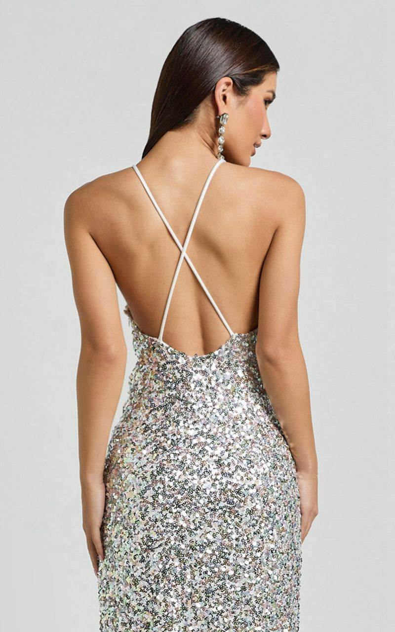 Showpo Frieda Maxi Dress - Halter Neck Cross Back Sequin Dress Rainbow Silver | CMLSJF175