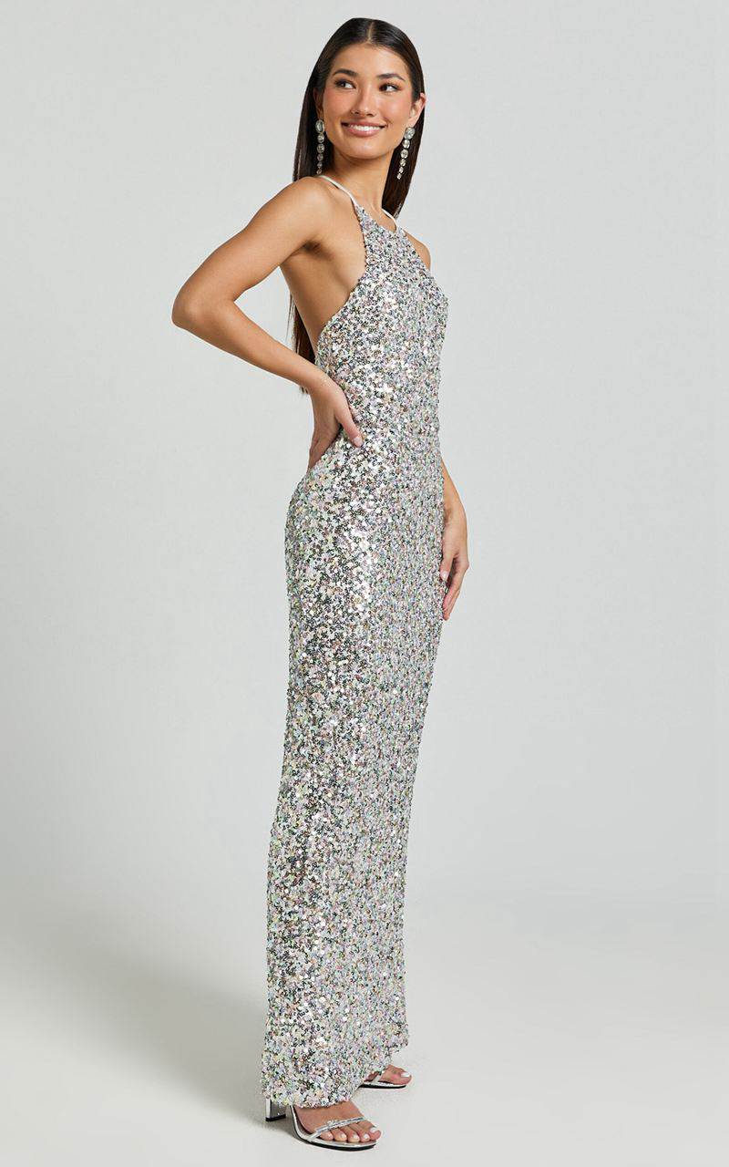 Showpo Frieda Maxi Dress - Halter Neck Cross Back Sequin Dress Rainbow Silver | CMLSJF175