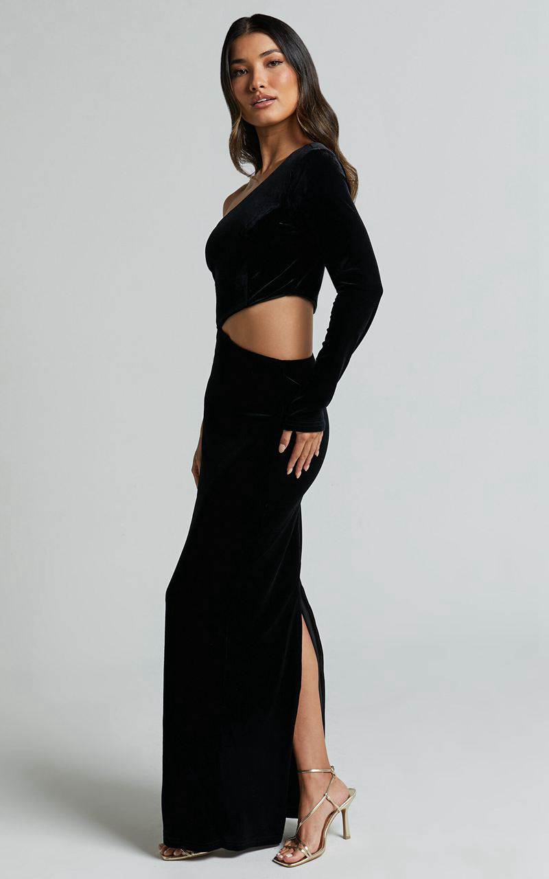 Showpo Gabbie Maxi Dress - Velvet One Shoulder Cut Out Dress Black | IJNWCM694