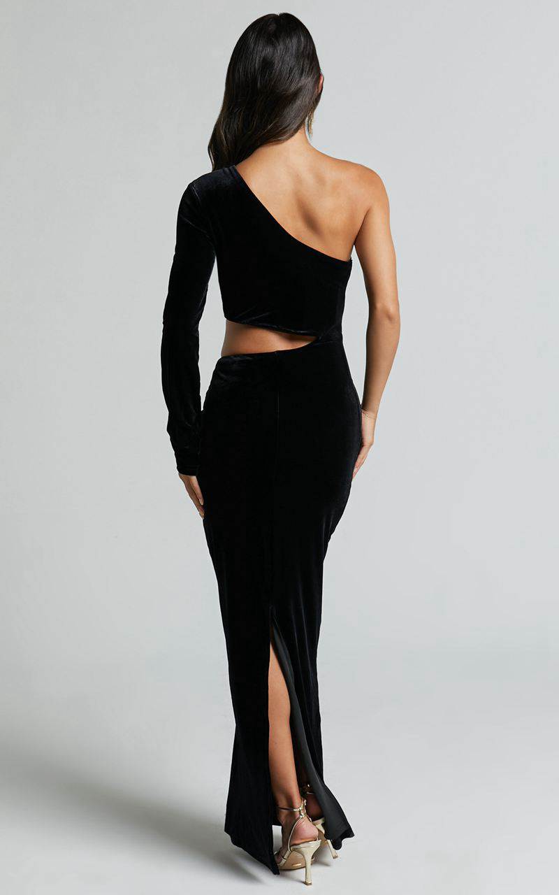 Showpo Gabbie Maxi Dress - Velvet One Shoulder Cut Out Dress Black | IJNWCM694