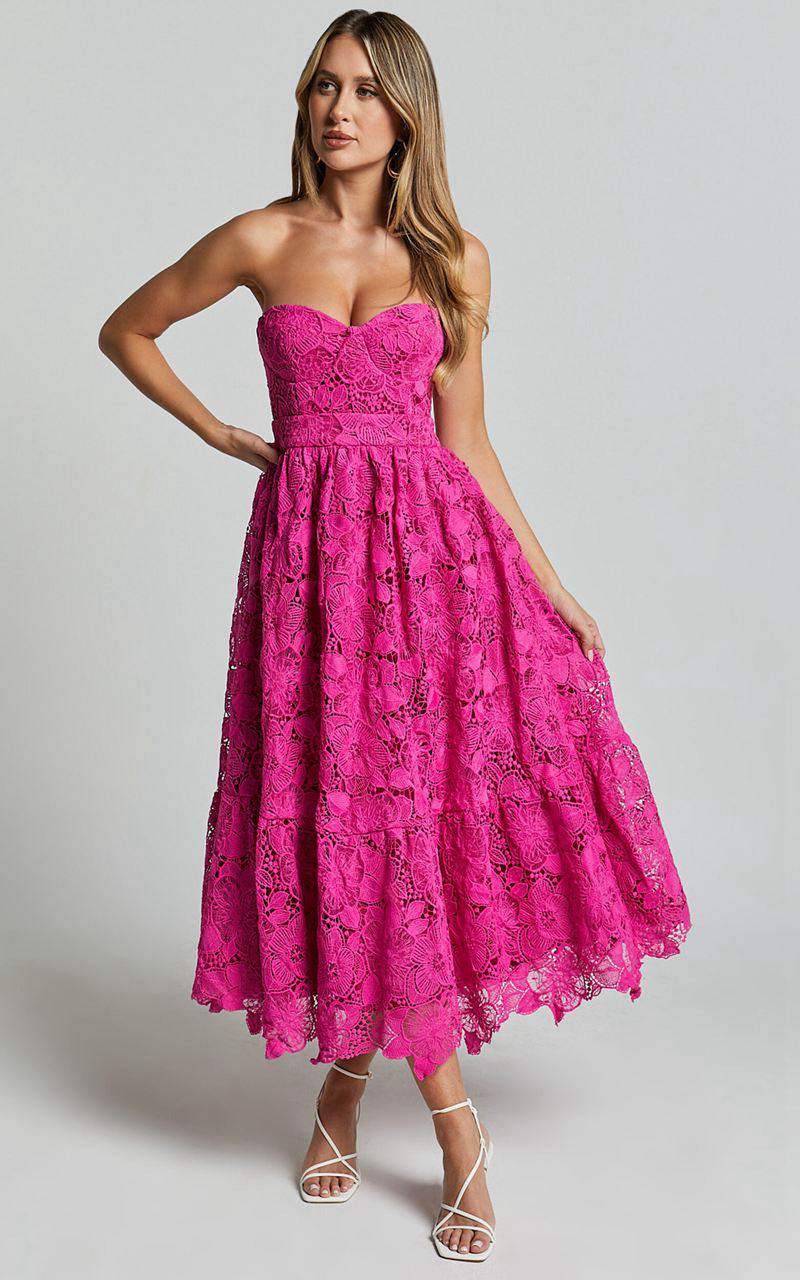 Showpo Gabriela Midi Dress - Strapless Lace Dress Magenta | WEIMNV420