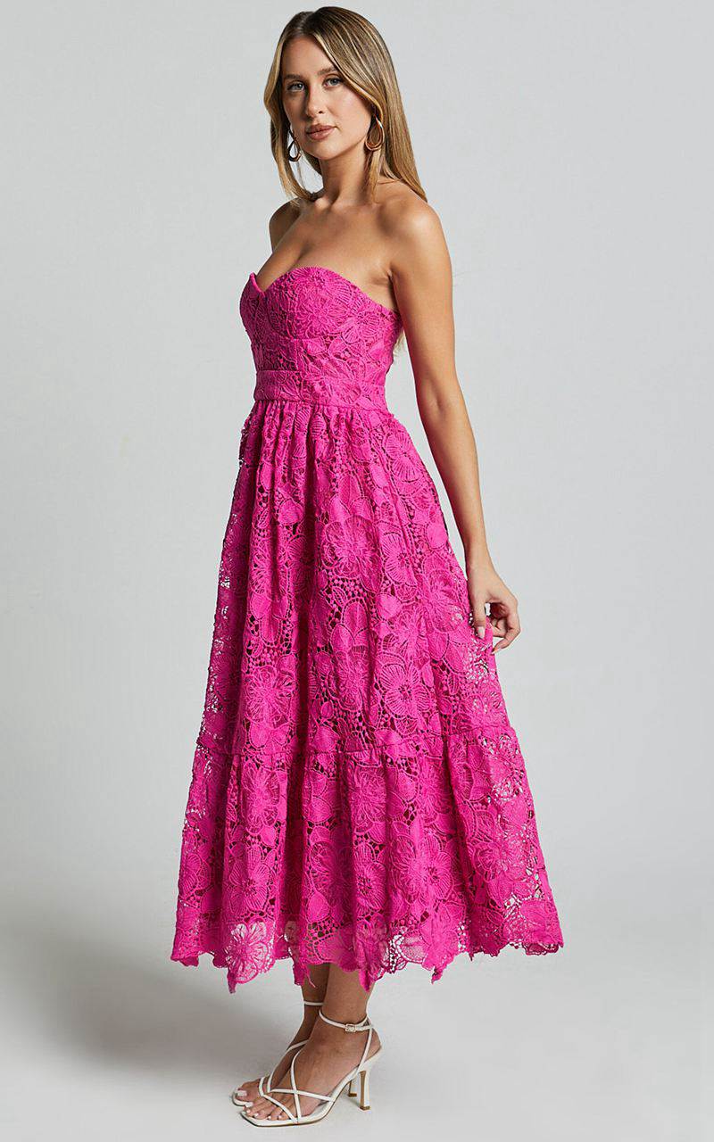 Showpo Gabriela Midi Dress - Strapless Lace Dress Magenta | WEIMNV420