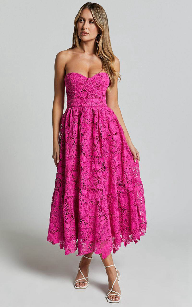 Showpo Gabriela Midi Dress - Strapless Lace Dress Magenta | WEIMNV420