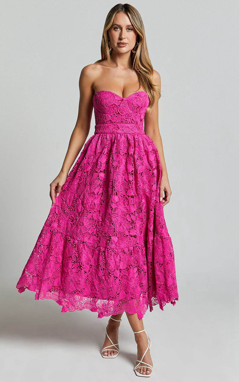 Showpo Gabriela Midi Dress - Strapless Lace Dress Magenta | WEIMNV420