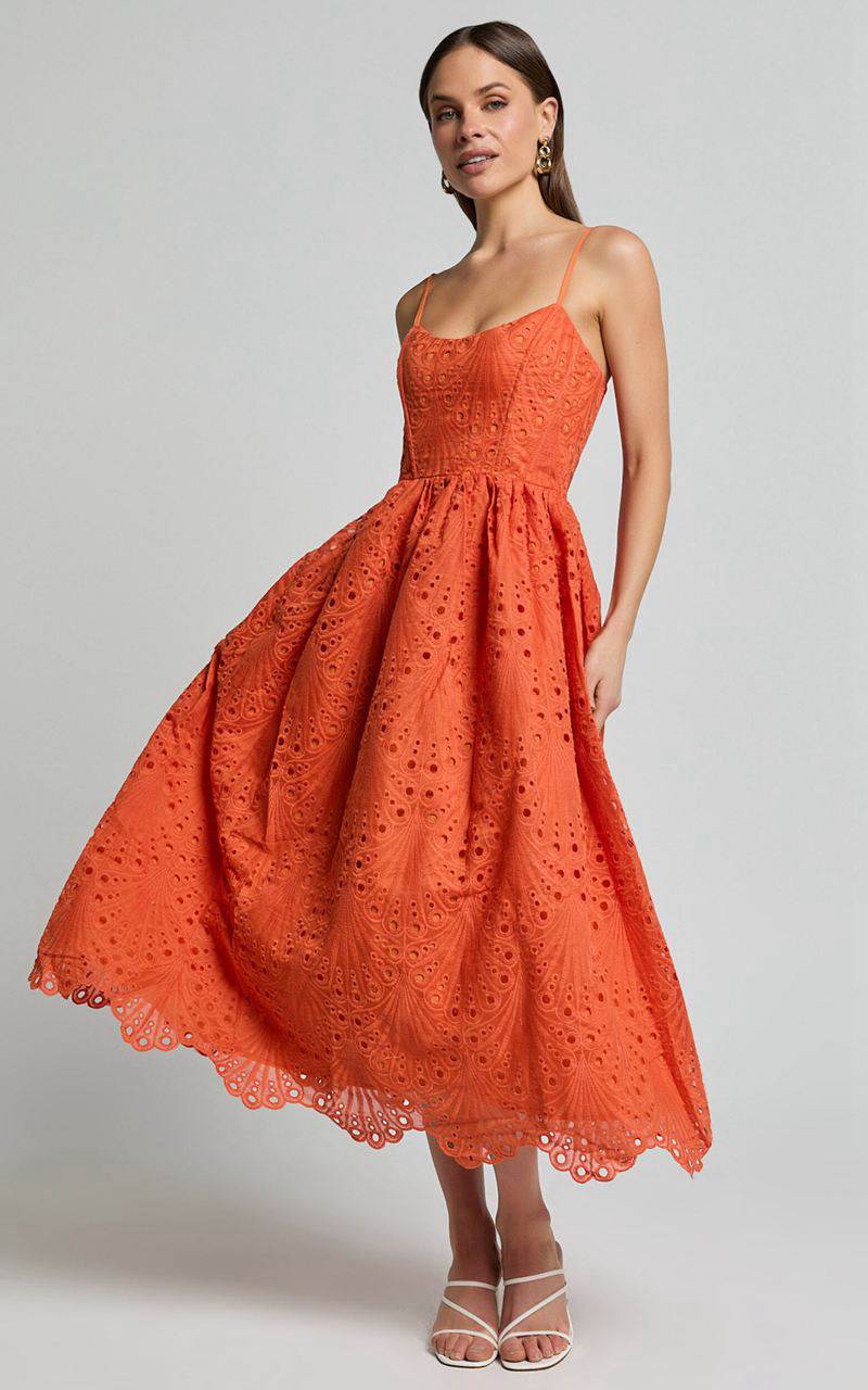 Showpo Gabriella Midi Dress - Strappy Gathered Skirt Embroidered Dress Orange | EUIYSN064