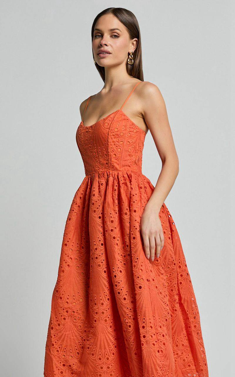 Showpo Gabriella Midi Dress - Strappy Gathered Skirt Embroidered Dress Orange | EUIYSN064