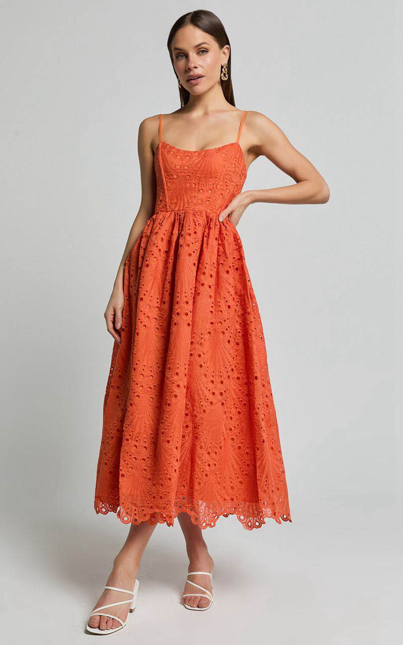 Showpo Gabriella Midi Dress - Strappy Gathered Skirt Embroidered Dress Orange | EUIYSN064