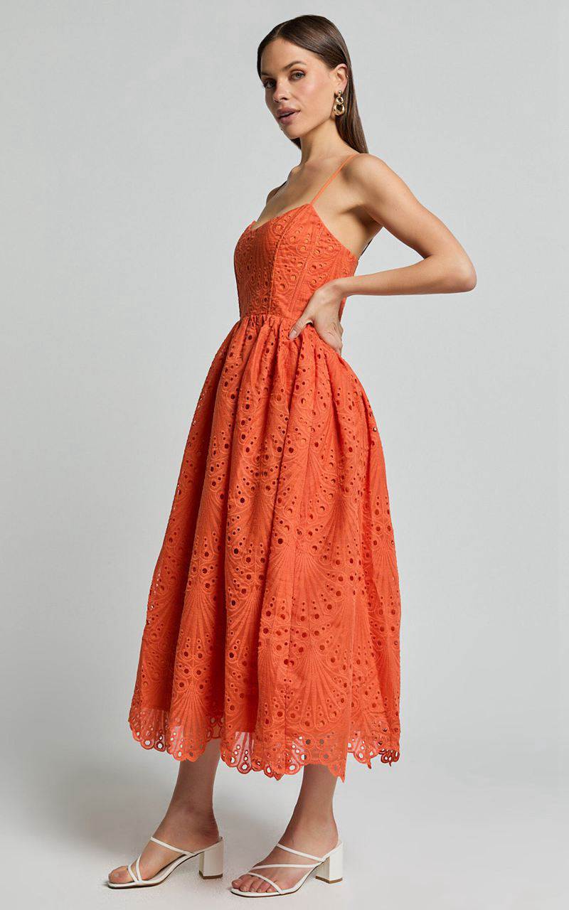 Showpo Gabriella Midi Dress - Strappy Gathered Skirt Embroidered Dress Orange | EUIYSN064