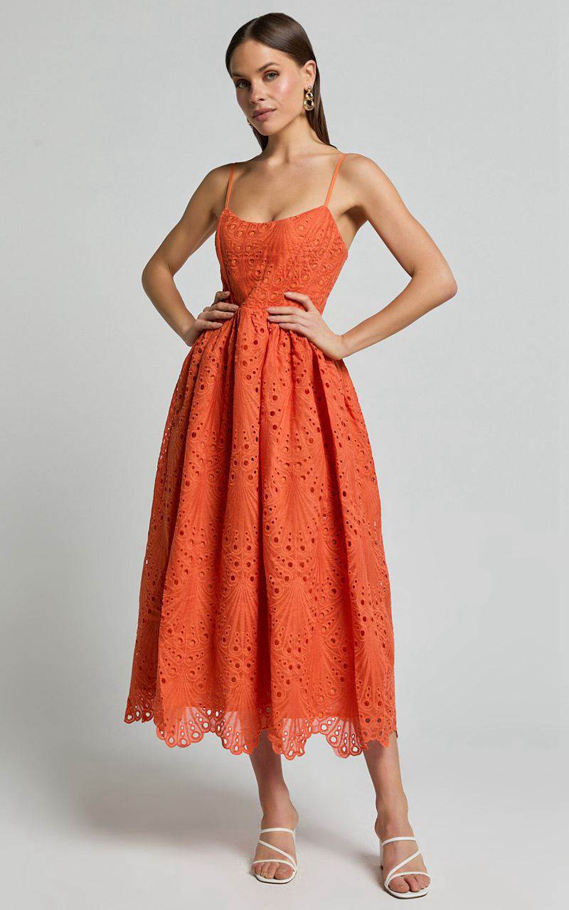 Showpo Gabriella Midi Dress - Strappy Gathered Skirt Embroidered Dress Orange | EUIYSN064