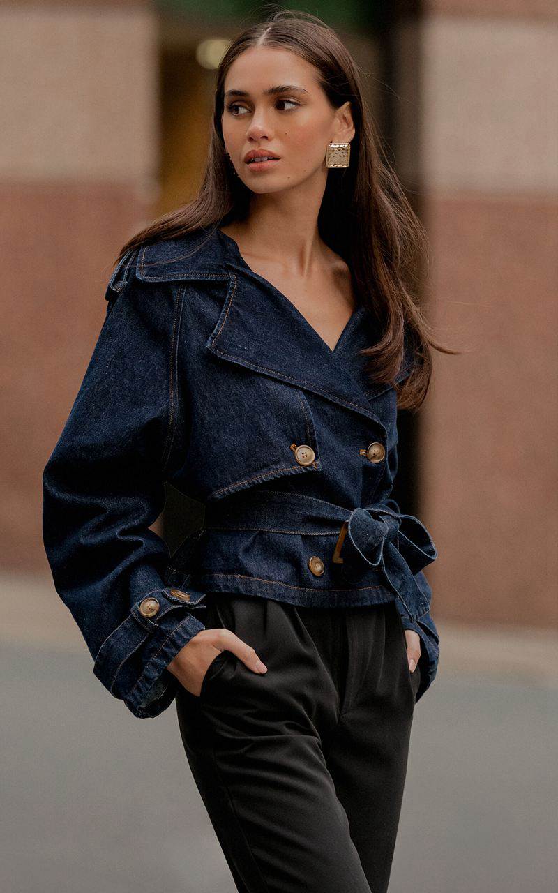 Showpo Gabrielle Trench Coat - Tie Waist Cropped Denim Coat Indigo | KRJXZD614