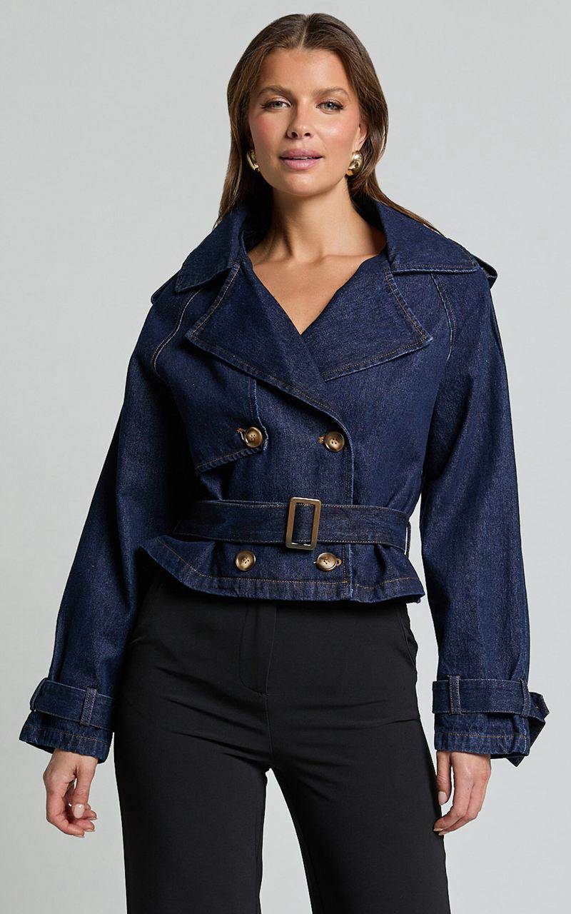 Showpo Gabrielle Trench Coat - Tie Waist Cropped Denim Coat Indigo | KRJXZD614