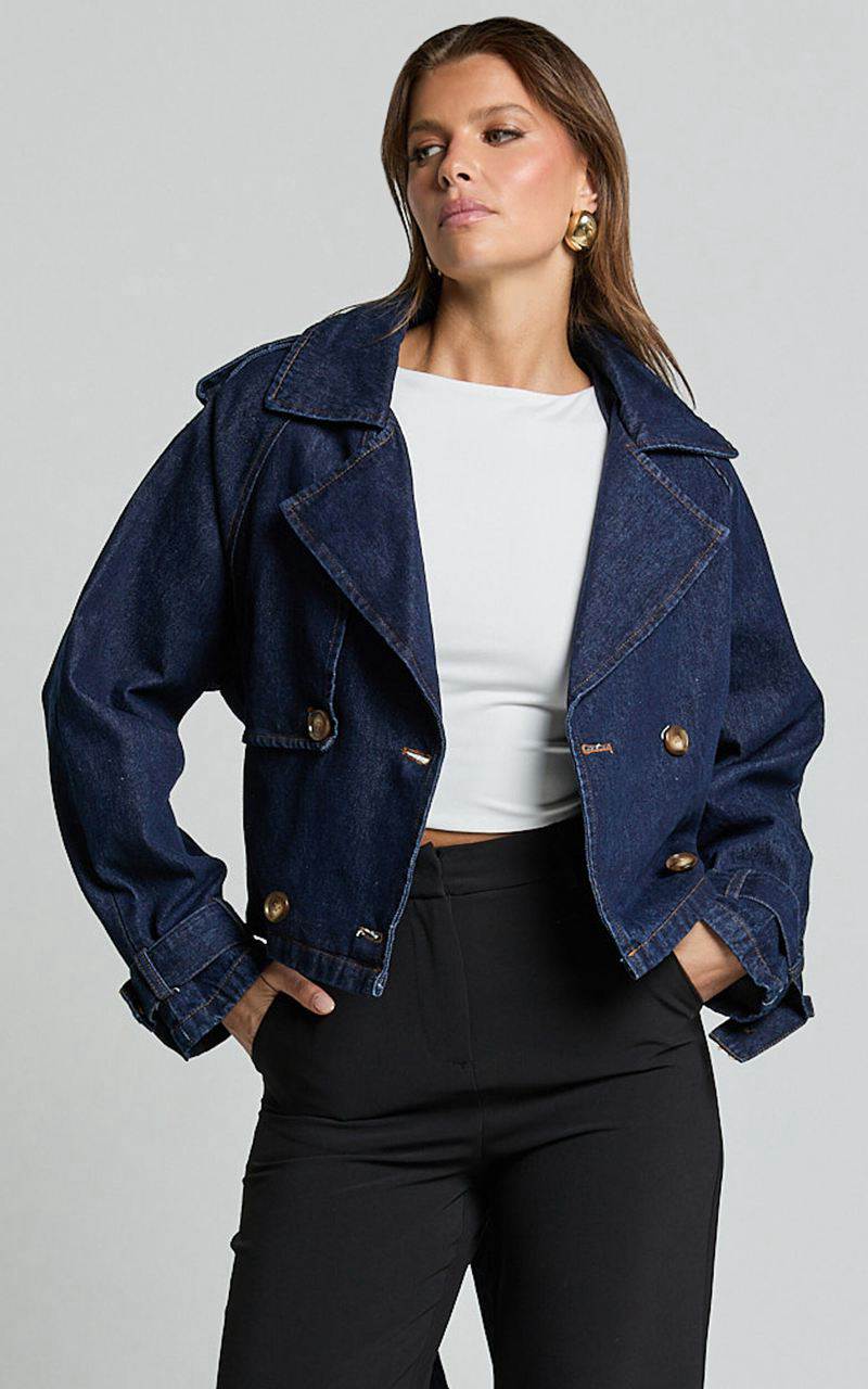 Showpo Gabrielle Trench Coat - Tie Waist Cropped Denim Coat Indigo | KRJXZD614