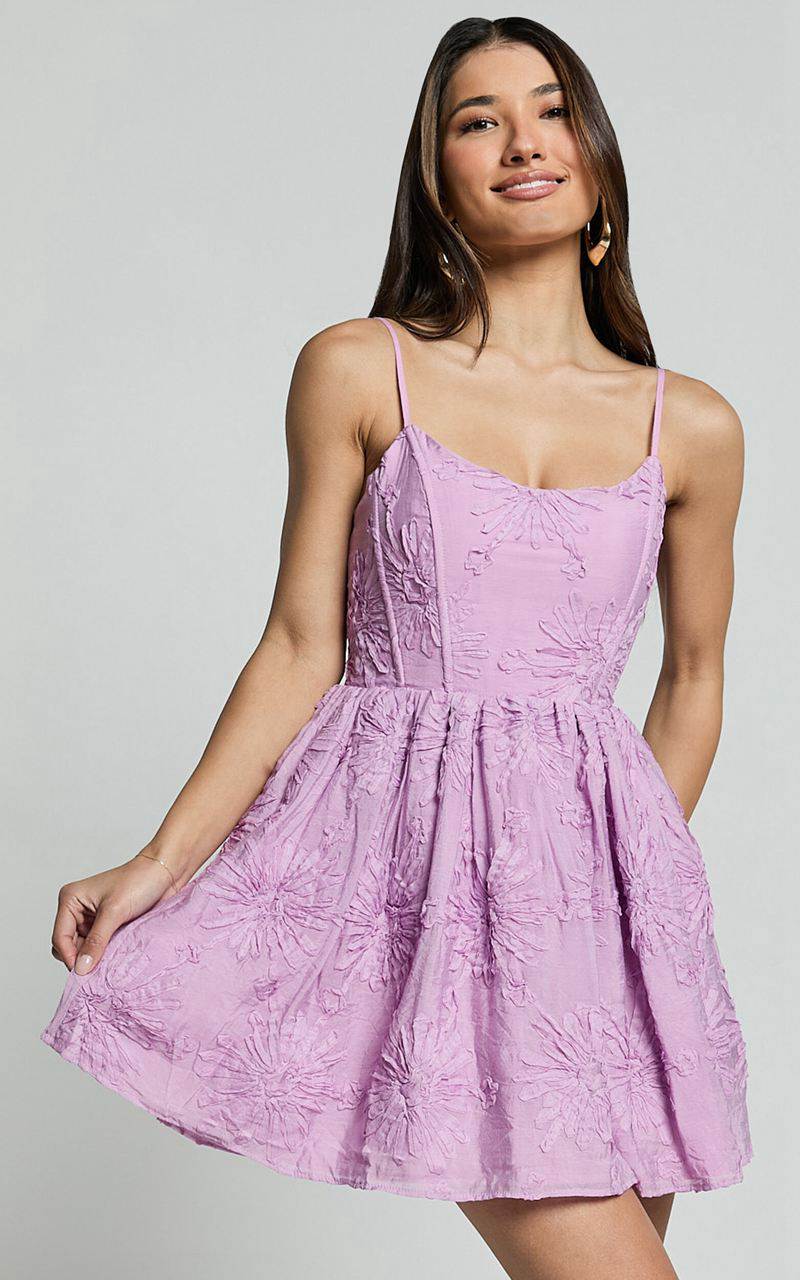 Showpo Gail Mini Dress - Scoop Neck Embroidered Corset Dress Purple | ARBWPN542