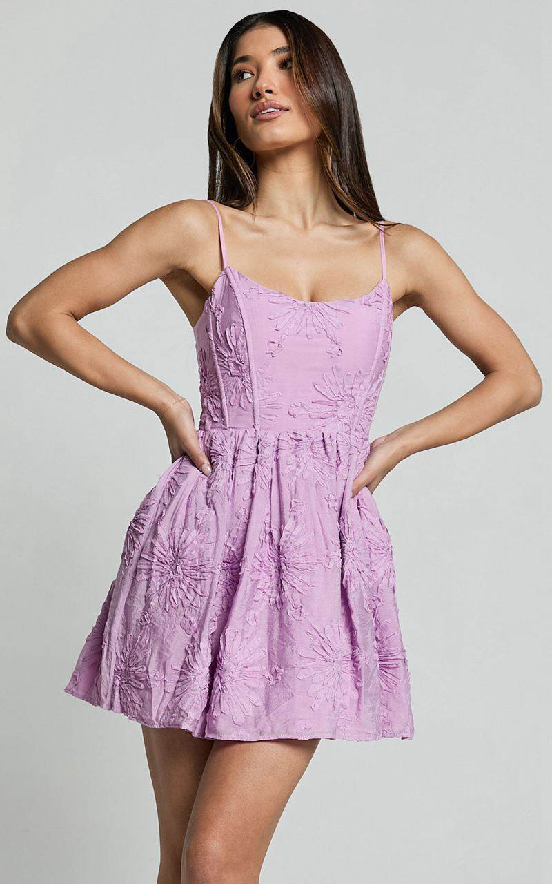 Showpo Gail Mini Dress - Scoop Neck Embroidered Corset Dress Purple | ARBWPN542