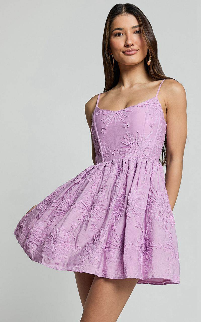 Showpo Gail Mini Dress - Scoop Neck Embroidered Corset Dress Purple | ARBWPN542