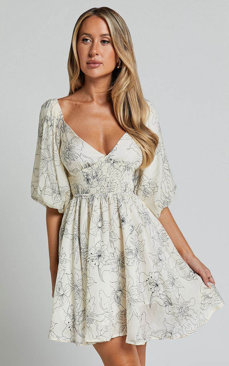 Showpo Geeniva Mini Dress - V Neck Tie Back Puff Sleeve Babydoll Dress Cream Stencil Floral | CRYADP496